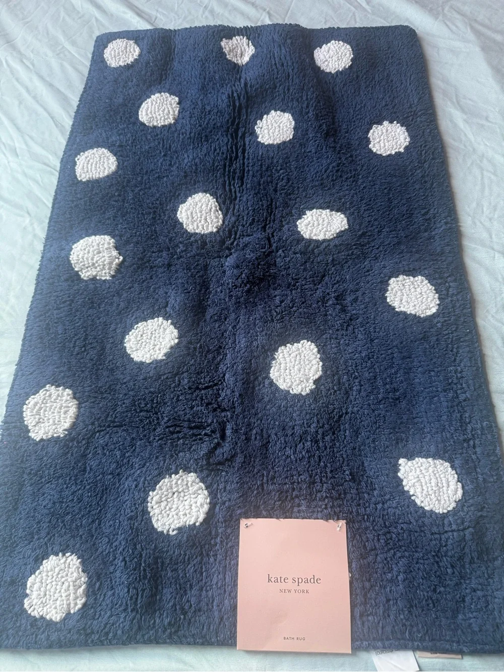 kate spade navy blue bath rug with white dot